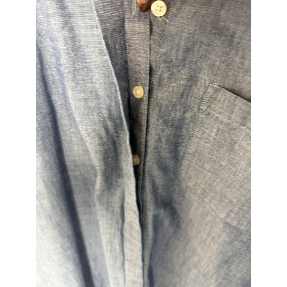Lands End XL 18 Blue Chambray Tunic Band Collar Gathered Back Pockets EUC - Picture 4 of 7
